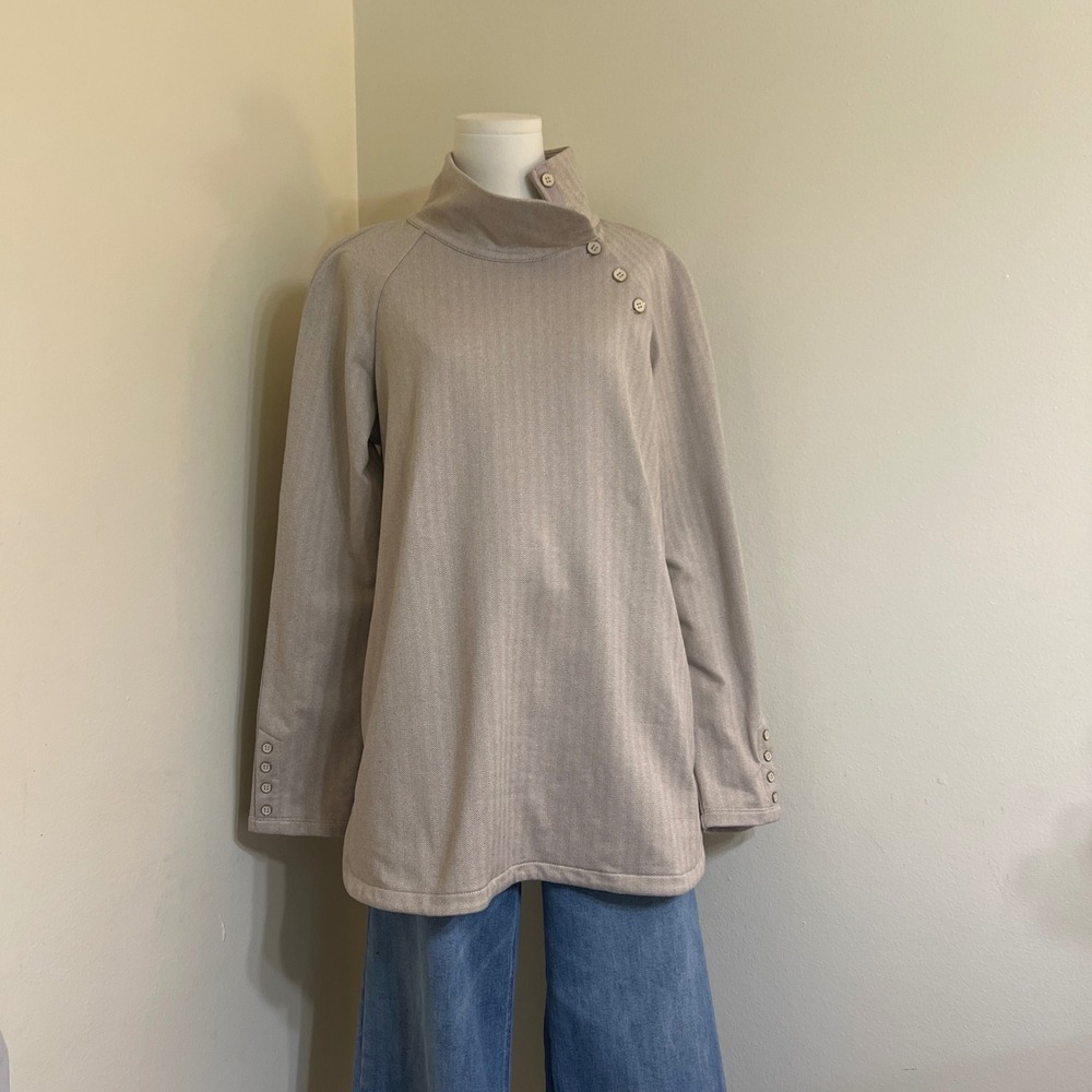 J.McLaughlin Tan Herringbone Button Funnel Neck Tunic Top Size Medium